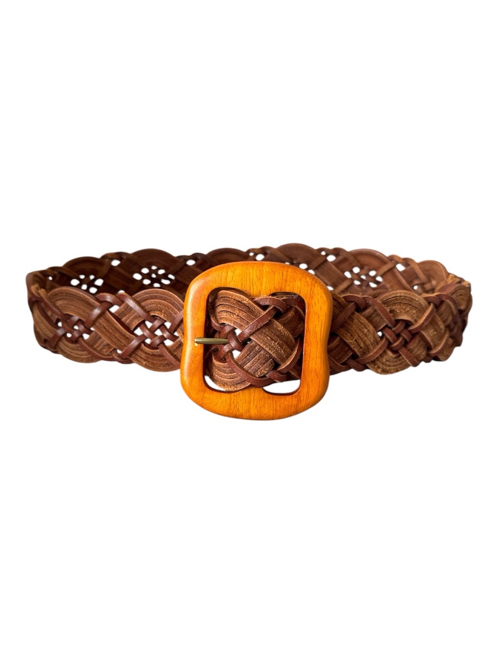 7 Hills San Francisco Genuine Leather Woven Belt with Wood Buckle - Size M
